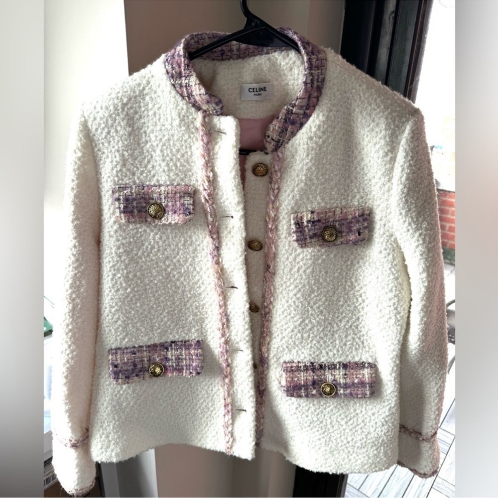 Celine White Tweed Jacket with Purple/Pink Accents